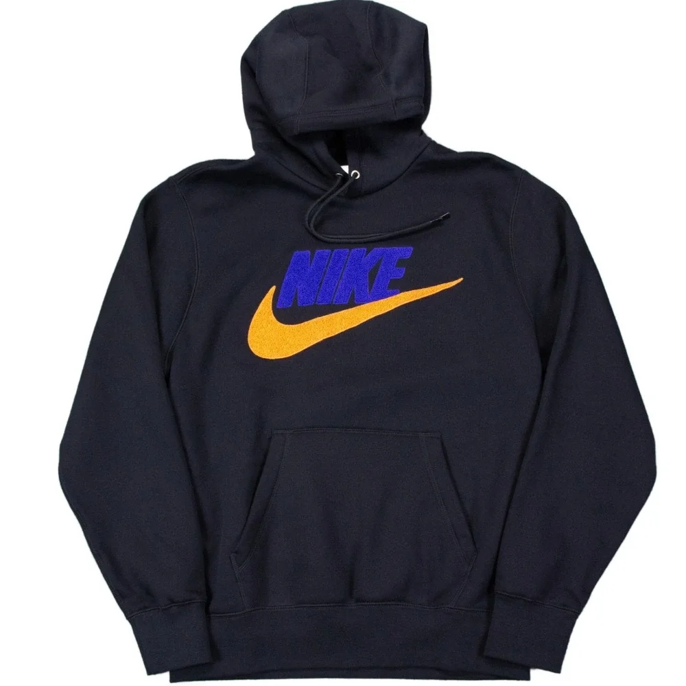 Nike Mens S Club Fleece Black Brushed Back Chenille Futura Swoosh Hoodie NEW $85